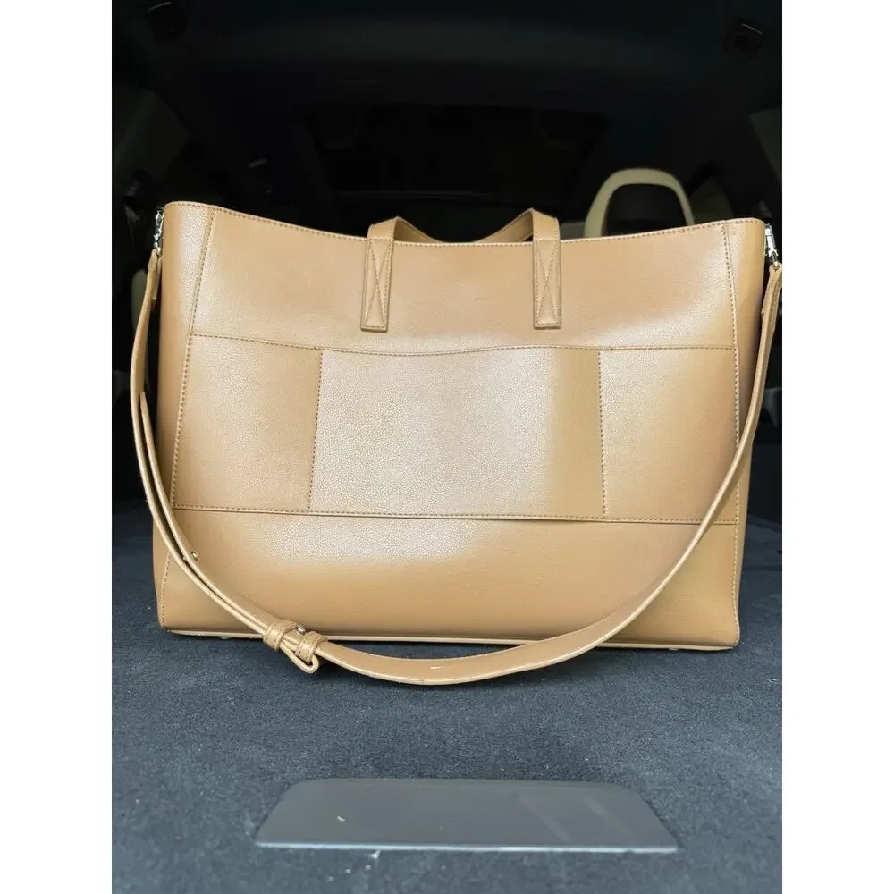 Calpak Haven Laptop Tote Bag Tan Camel Faux Leather Work Commuter w/ Insert